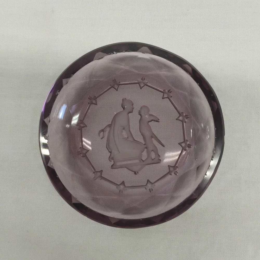 Heinrich Hoffman Czech Amethyst Butter Pat Salt Trinket Dish Intaglio Cupid